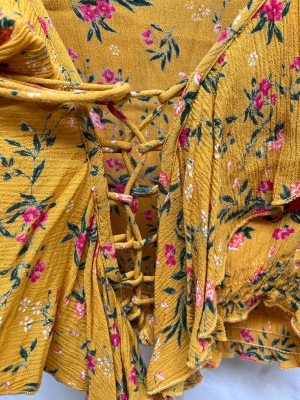 Yellow Flowered Ruffled Lace-Up Crop Top - Picture 2 of 4